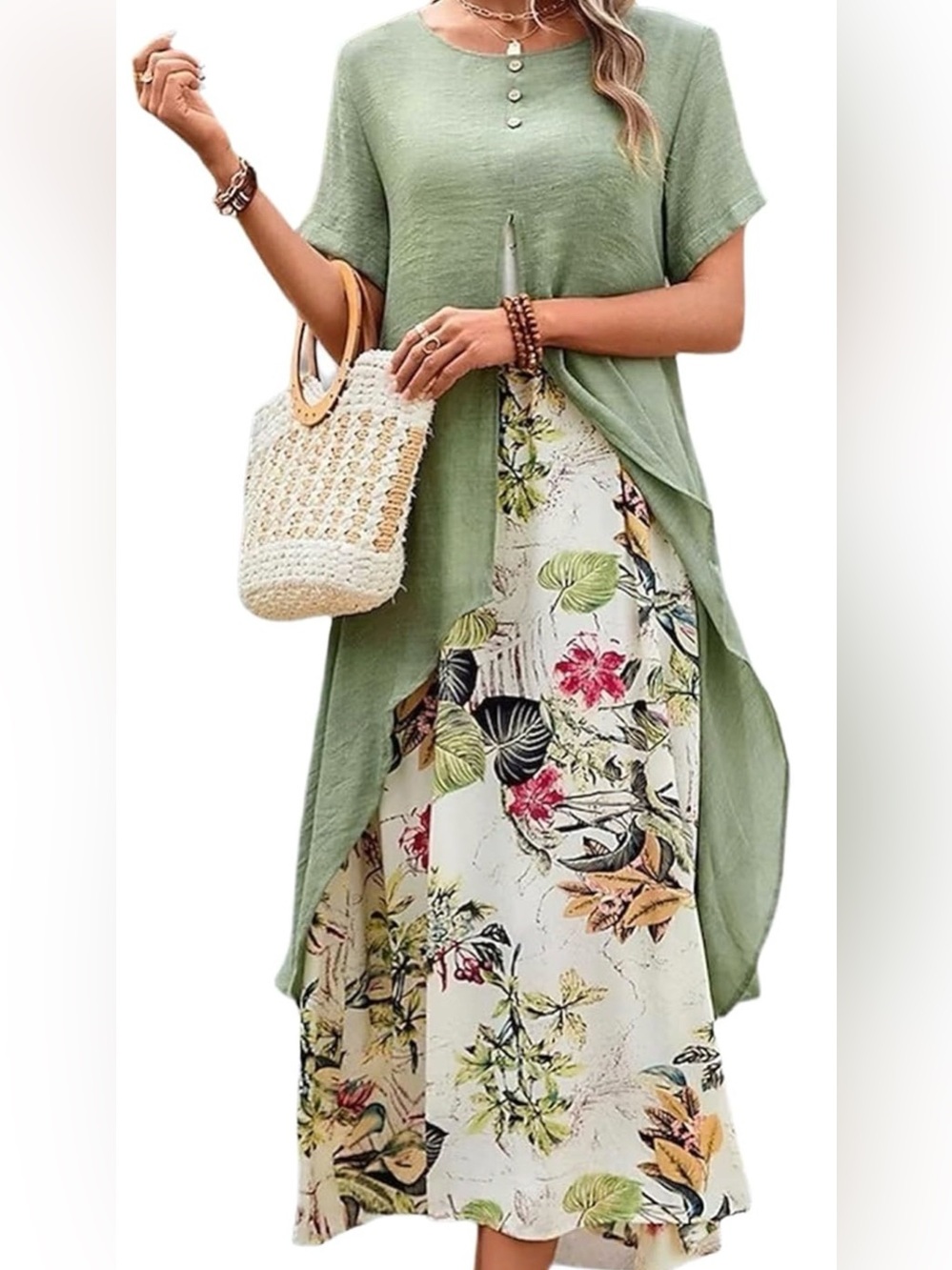 Layered Sage Green Maxi Dress with Floral Underlay, Cotton Linen Maxi Dress